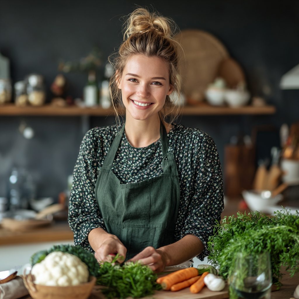 Professional European nutritionist woman in her 40s in white coat, smiling confidently in modern clinic setting, natural lighting