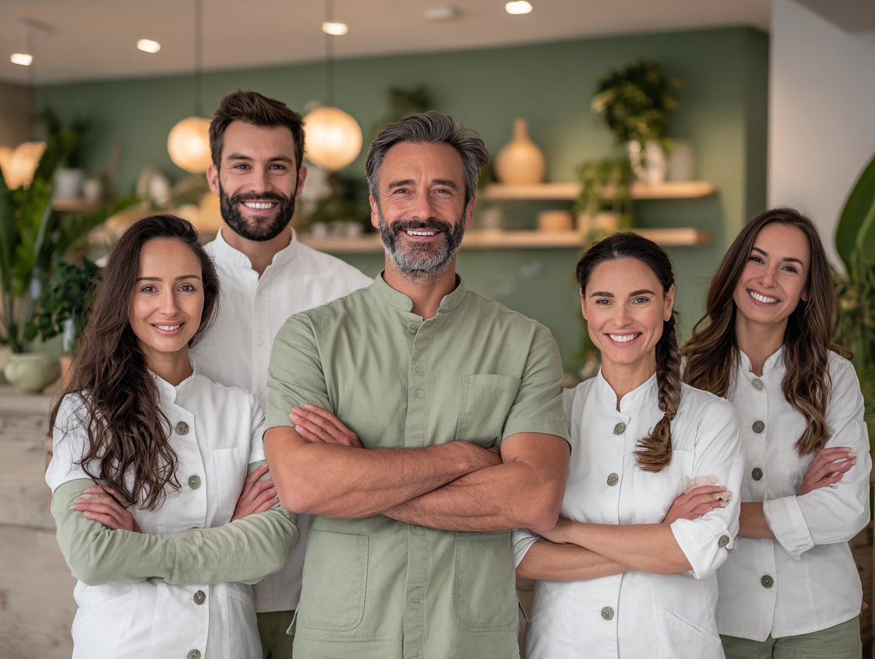 European woman in her 30s preparing fresh probiotic foods like kefir and fermented vegetables in a bright modern kitchen, smiling while organizing healthy foods